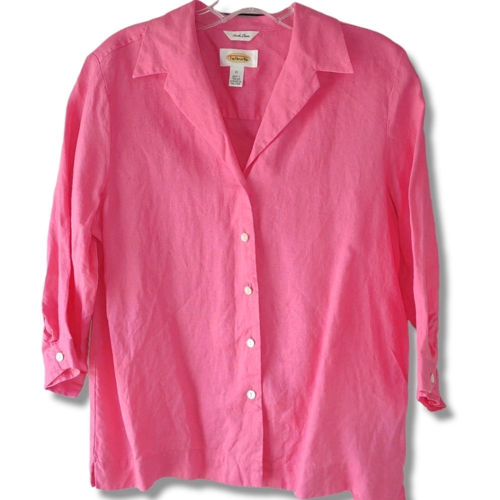 Talbots Pink Blouse Irish Linen Button‎ Down 3/4 Sleeves VNeck Collared 10